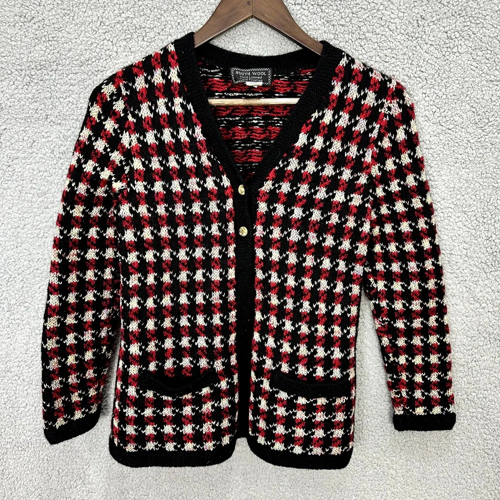 South‎ Wool Cardigan Womens Medium Houndstooth Hand Loomed Wool Vtg Retro Preppy